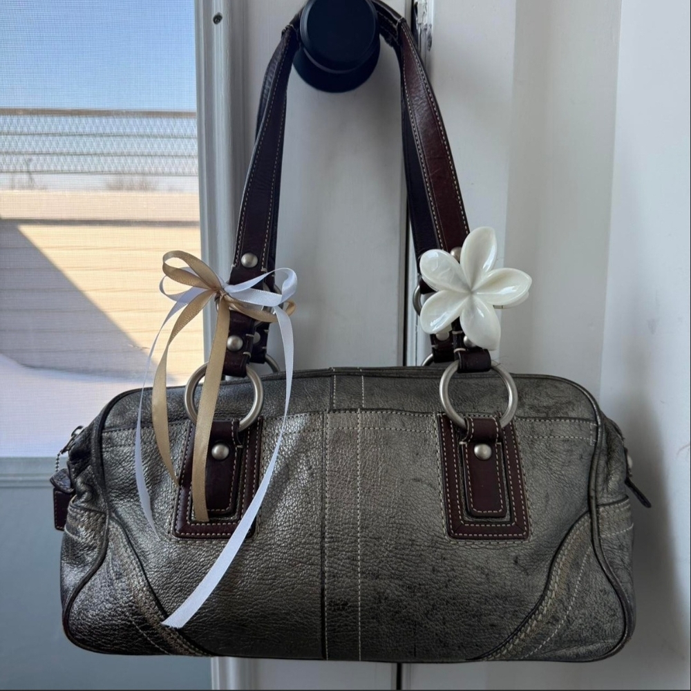Metallic Gray Leather Shoulder Bag with Brown Handles
